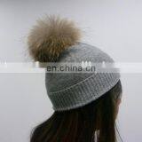 Navy Color Plain Cashmere Beanie Hat & Scarf With Raccoon Fur Pom Pom thumbnail-5