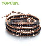 Topearl Jewelry Fashion Black Agate Bracelet Women Woven Leather Wrap Bangle With Copper Alloy Clasp CLL170 thumbnail-1