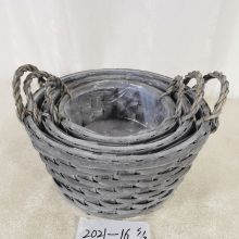 Gray Round Wicker Large Flowerpot with Two Handles with Plastic Lining for Garden