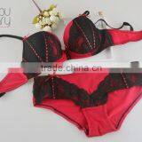 Mature Women Sexy Nylon Red With Black Color Lace Fancy Bra Panty Set, Bra and Panty thumbnail-1