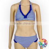 Women Blue Stripe Halter Swimsuit Beachwear Custom Bikini Swimwear