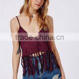 Fringed Plain Wine Red Ladies Plain Crop Top, Spaghetti Strap Cami Fringed Crop Top Wholesale for Ladies. thumbnail-1