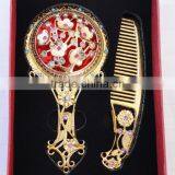 Antique Imitation Cosmetic Metal Pocket Mirror With Hair Comb,Handle Mirror/Hand Held Makeup Mirror/Round Fashion Mirror thumbnail-2