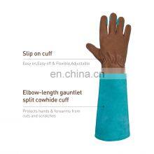 HANDLANDY Blue Durable Pigskin Leather Long Cuff Thorn Proof Landscaping Working Gloves Rose Pruning Women Garden Gloves thumbnail-4