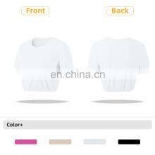 New Double Ribbed Loose Women's T Shirts With Elastic Hem Yoga Fitness Short Sleeve Crop Top thumbnail-5