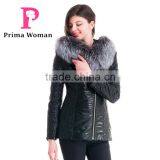 2015 Winter Women Short Slim Fit Embroidered Leather Coat With Silver Fox Fur Hat Overcoat