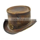 2 TONES PULL-UP CRAZY HORSE COWHIDE LEATHER "STEAMPUNK" TOP HAT