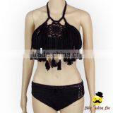 Bohemia Style Black Plain Knitting Halter Decorative Tassel Kids Holiday Swimwear Yong Girl Indian Remake Photo Bikini Bra thumbnail-3