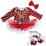 Xmas Baby Red Polka Dots White Ruffles Mustache Reindeer Long Sleeves Bodysuit Pettiskirt and Headband Crib Shoes NB-18M thumbnail-1