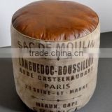 Indian Industrial Canvas Leather Round Puff Stool