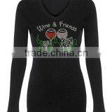 Women's Wine & Friends Rhinestone Bling V-Neck Short Sleeve Shirts Black thumbnail-2