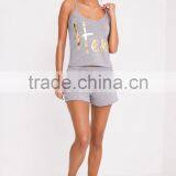 MGOO Slogan Grey Pyjama Short Set 100%Cotton Summer Slip Pajamas Custom Logo Golden Ink Print PJ Set thumbnail-4