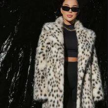 2025 Autumn Winter New Leopard Print Women’s Coat Mid-Length With Suit Collar Faux Fox Fur Overcoat
