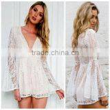 Ladies Fashion White Lace v Neck Long Flare Sleeve Adult Romper thumbnail-1