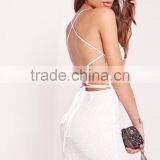 Wholesale Top Quality Strappy Lace Bodycon Dress White Cross Back Evening Dress Embroidered Lace Up V Neck Midi Dress thumbnail-6