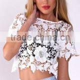 100% Polyester Short Sleeve Round Neck Crop Top,elegant Fashion Lace Top thumbnail-3