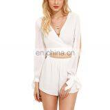 White Sexy V Neck Wrap Crop Jumpsuit Casual Elegant Playsuit Split Long Sleeve Jumpsuit thumbnail-4