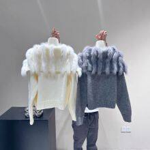 Nueva y elegante chaqueta de jersey tejido con pelaje, con gran cuello de piel de zorro en estilo marino y corte corto para mujeres thumbnail-2