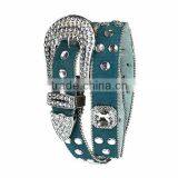 GENUINE LEATHER Faux Fur Square Teal Rhinestone and Crystal Accents Belt thumbnail-1