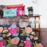 Black Floral Print Cotton Kantha Quilt