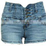 Best Selling Women Fashion High Waist Buttoned Slim Fitting Plain Dyed Worn Hem Jean Short Pants thumbnail-3