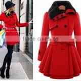 Women's Fashion Faux Fur Lapel Double-breasted Thick Wool Trench Coat Jacket thumbnail-1