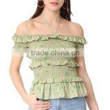 2017 OEM Femme Halter Ties Dainty Floral Elastic Ruffles Frill Blouse thumbnail-2
