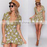 Wrap Over Short Sleeved Sexy Women Dresses Ladies Tie Cuff Floral Casual Dress thumbnail-6