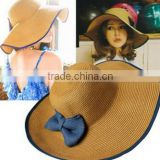 Fashion straw floppy hat with blue bowknow summer sun panama cap