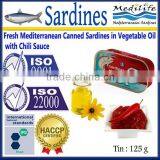 Fresh Mediteranean Canned Sardines InVegetable Oil With Chili Sauce, High Quality Sardines,Sardines in Cans With Chili Sauce125g thumbnail-1