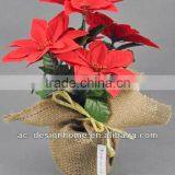 RED ARTIFICIAL VELVET POINSETTIA FLOWER BUSH X 6 W/6 PCS POINSETTIA FLOWER HEAD ON BURLAP PLANTER thumbnail-1