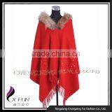 CX-B-P-43K Lady Fashion Raccoon Fur Trim Cashmere Poncho/ New Design Pashmina Shawl thumbnail-3