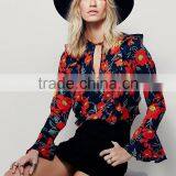 Guangzhou Shandao Supplier OEM Custom Design Women Spring Casual Long Flare Sleeve Flower Printed Chiffon Blouse 2016 thumbnail-2