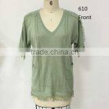 2016 Spring/Summer v Neck Short Sleeve Pointell on Front With Fringe Fashion Pullover Garment thumbnail-2