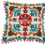 Uzbek Suzani Embroidered Pillow Cover Decorative Pom Pom Throw Pillow Case Indian Outdoor Cushion Cover
