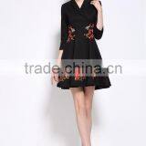 Ladies Autumn/winter V Neck 3/4 Sleeve Embroidered A-line Dress thumbnail-1