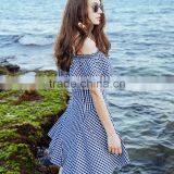 Dresses in Casual Dresses Sweet And School Style Off Shoulder Blue&White High-Waist Slim Ruffle Dress thumbnail-1