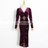 TWOTWINSTYLE Elegant Dresses For Women V Neck Long Sleeve High Waist With Belt Slimming Ruched Patchwork thumbnail-7