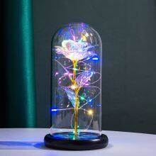 Custom Pink Flower Valentine's Gift LED Rose in Glass Dome With Gift Box Wholesale for Women thumbnail-3
