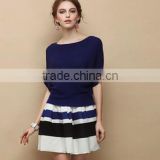 2014 spring new European and American women's round neck sweater wild bat sleeve loose shirt + striped skirt twinset