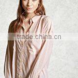 Woman Long Sleeve Striped Button Down Basic Collar Curved Hem Cotton Blouse thumbnail-2