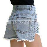 High-Rise Waist Denim Rip Shorts With Rivet Embellished thumbnail-2