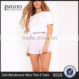 Custom Design Ladies Cotton Pajamas Text Print Top With Stripes Shorts Pink Pyjama 2 Pieces Nightwear thumbnail-1