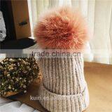 Real Fur Pompom Winter Hats For Women Cashmere Wool Knit Beanie Cap Turkey Fur Pom Bobble Hat 2016 thumbnail-1