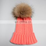 2016 popular raccoon fur ball/pom pom fashion winter hats for girl