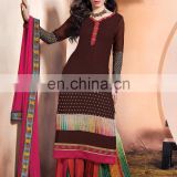 Brown Colored Pure Georgette Embroidered Suit
