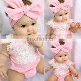 Newly Baby Girl Pink Lace Flower Romper Jumpsuit 2 Pieces Set Bow Hair Band Rompers Baby Suit thumbnail-6
