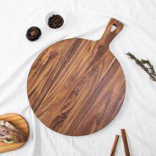 In Stock Multi-Function Round Acacia Wood Board Pizza Cutter Plate Steak Tray Thick Chopping Board With Handle for Baking thumbnail-2