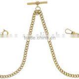 Antiqued Gold Tone Metal Mens Double FOB Pocket Watch Chain thumbnail-1