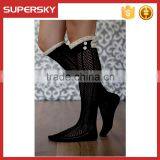 C03-8 OEM Fashion Lady Custom Black Knit Lace Boot Socks Women Cotton Leg Warmers Stretchy Knitted Lacy Boot With Buttons